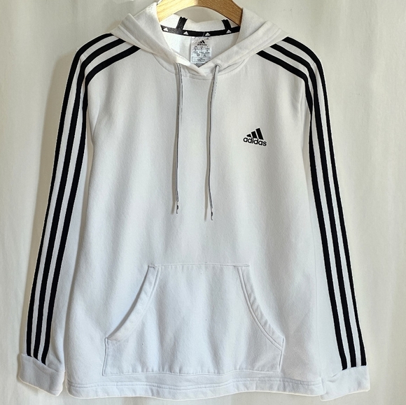 🇩🇪 Adidas Essentials White & Black Long Sleeve 3-Stripes Fleece Hoodie - Picture 4 of 14